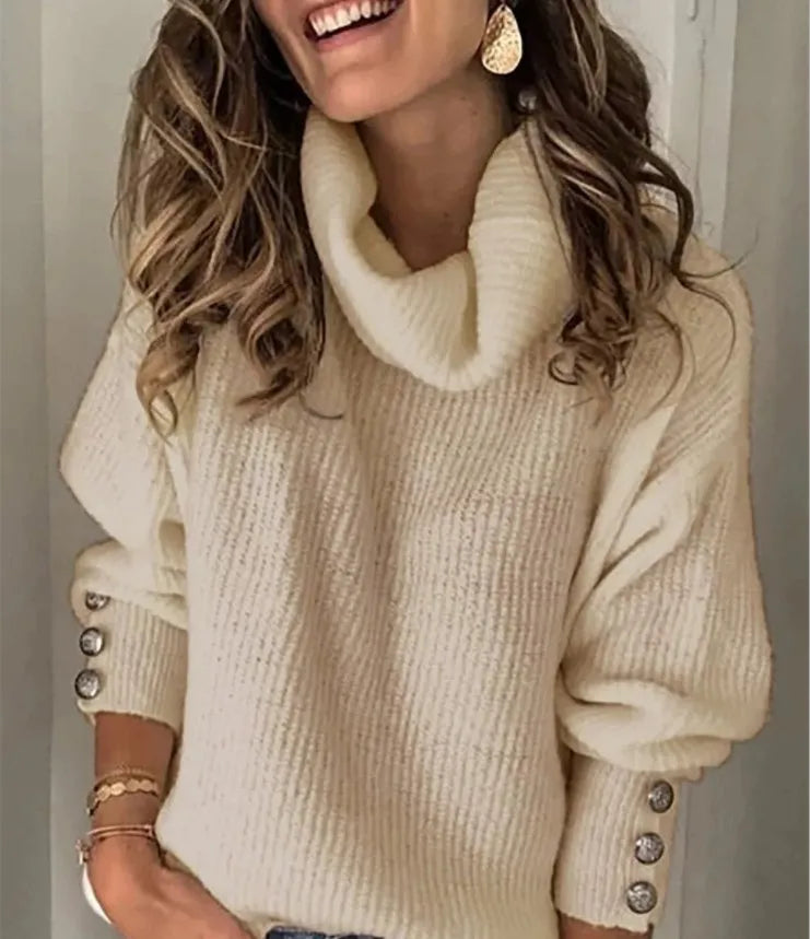 LIZAKOSHT  -  Solid Color Fashion Autumn Winter Women's New Button Hoodie High Collar Knitted Shirt Casual Comfortable Long Sleeve Top