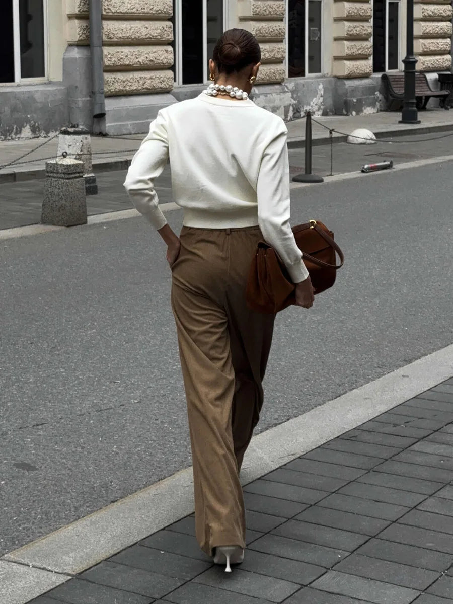 LIZAKOSHT  -  Women's New Wide Leg Pants 100% Cotton Loose Fit Drapey Trendy Waist Autumn Winter Fashion Trousers