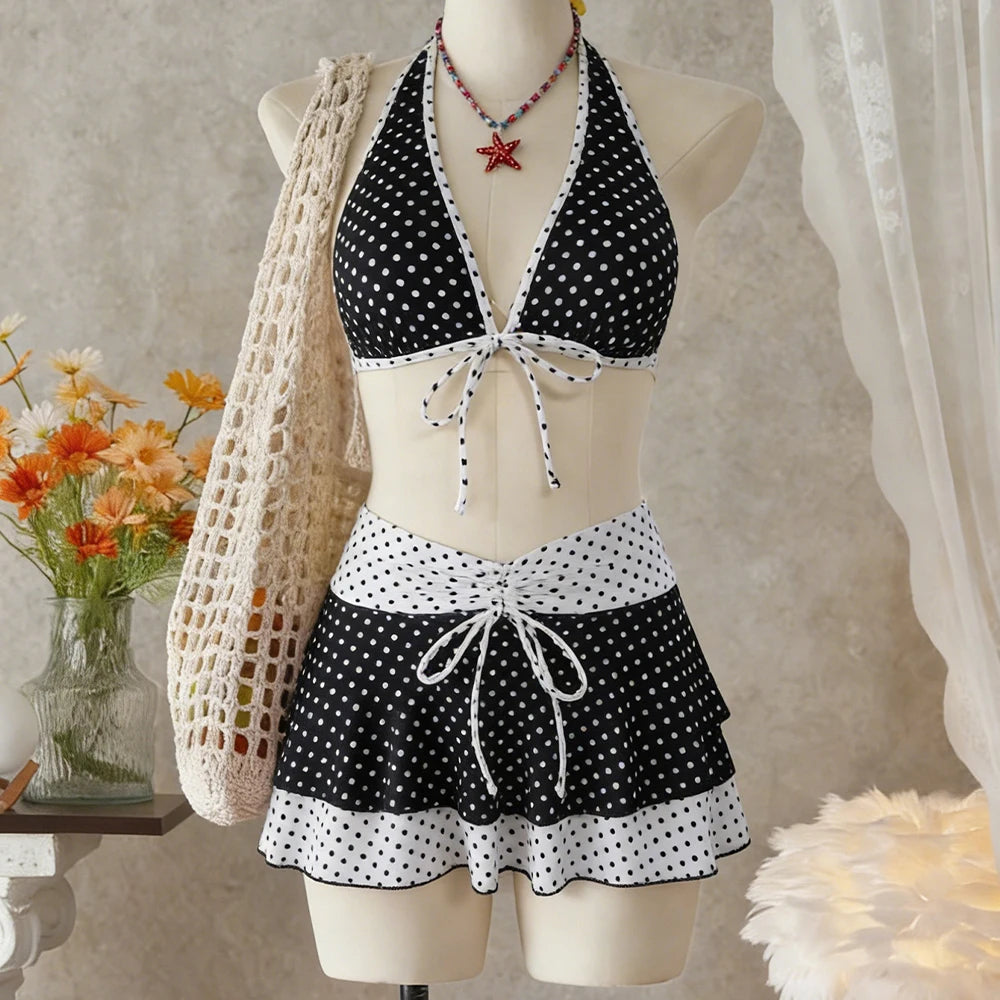 LIZAKOSHT  -  Summer Women Bikini Set Sexy Polka Dot Print Strap Sexy Wearing A Cover Skirt Three Piece Vacation Cute Girl Swimsuit Set