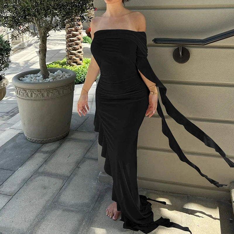 LIZAKOSHT  -  Summer Newly Irregular Ruffle Fringe Party Off Shoulder Dress Elegant One Sleeve Slim Hip Package Lady Split Vacation Robes