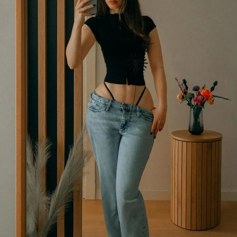 LIZAKOSHT  -  Vintage Sexy Single Breasted 3D Flower See-through Half High Collar Short-sleeved T Shirt Party Street Casual Slim Fit Tops