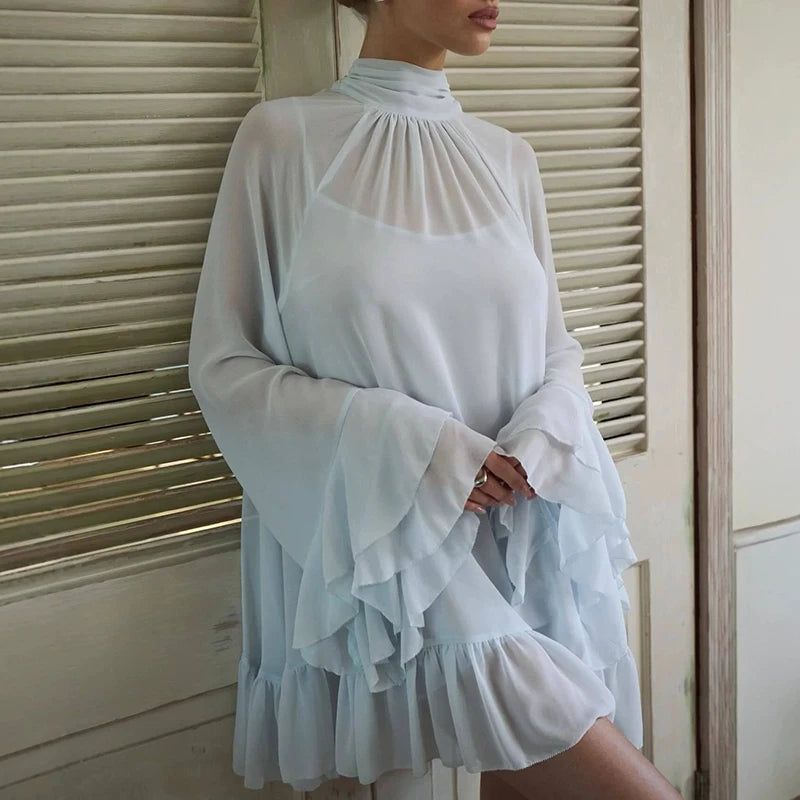 LIZAKOSHT  -  Temperament Stand Collar Pleated Beach Holiday Dress Casual Cape Style Ruffle Edge Short Dress Elegant Solid Flared Sleeve Dress
