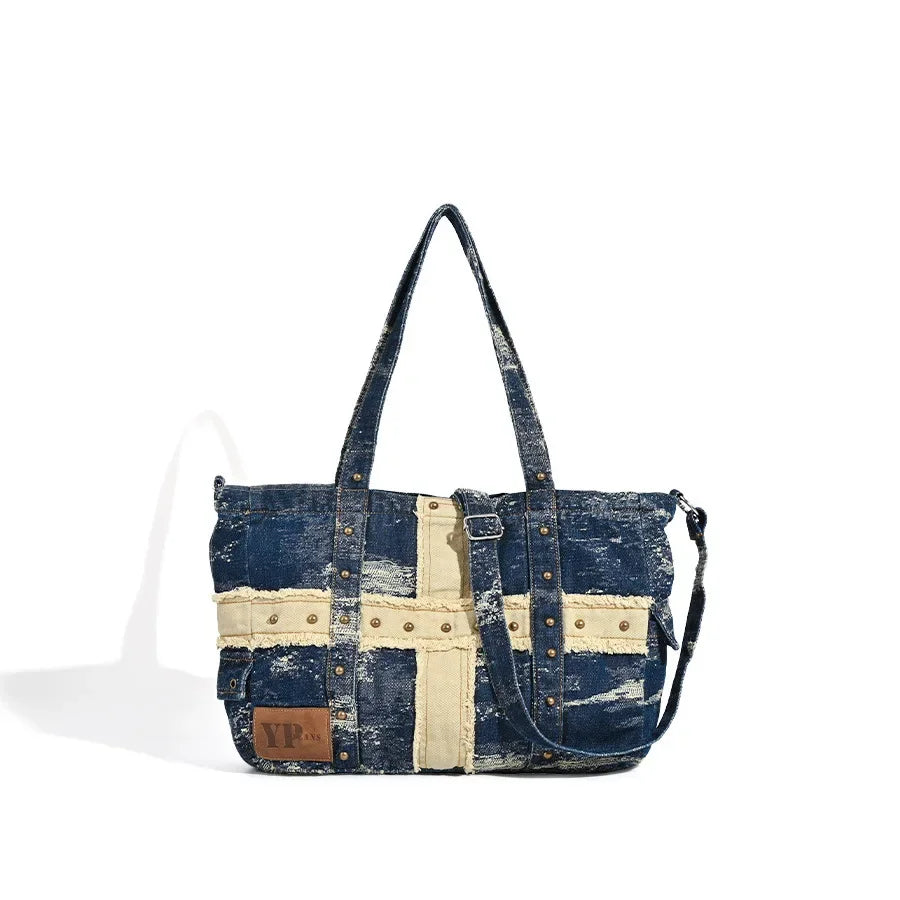 LIZAKOSHT  -  Washed Denim Women Handbag Luxury Rivet Designer Shoulder Crossbody Bag for Female Large Capacity Shopper Bag big totes