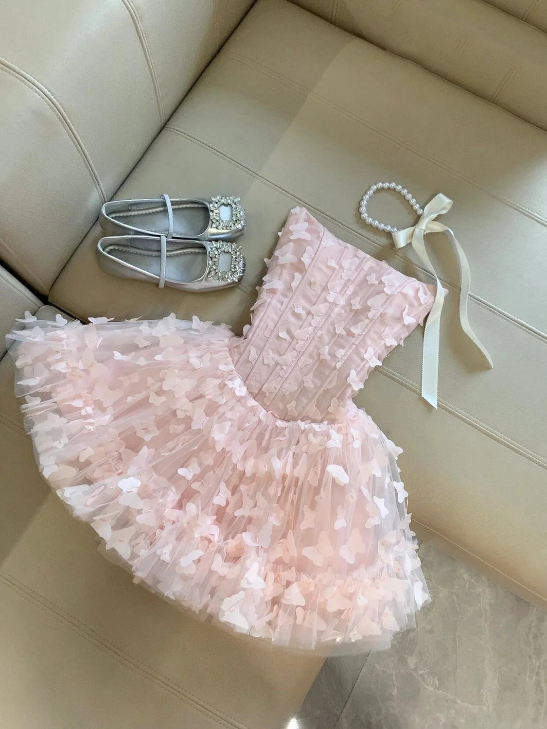 LIZAKOSHT  -  Women Strapless Pink Dress Summer Sweet Butterfly Mesh Mini Dress Slim Elegant Fairy Style Layered Ruffle Skirt Princess Outfits