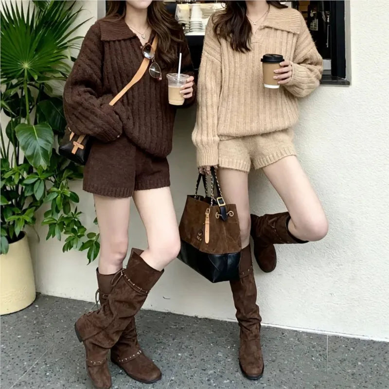 LIZAKOSHT  -  New In Matching Sets Two Piece Outfits 2 Pieces Set For Woman All-match Loose Simple  Sweater Comfortable Shorts Knitted