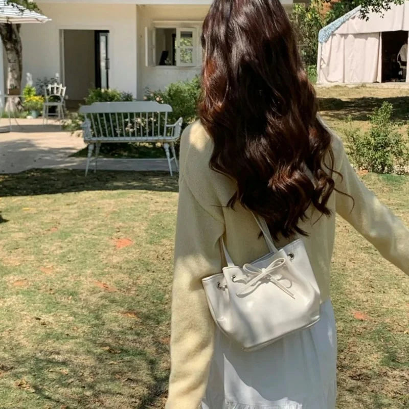 LIZAKOSHT  -  Korean Bow Drawstring Pu Leather Women Shoulder Bag Fashion All Match Bucket Bag Y2k Shopper Handbag Bolsos Para Mujer