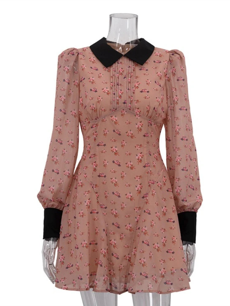 LIZAKOSHT  -  Fashion Printing Contrast Mini Dress For Women Turndown Collar High Waist Pleats Shirt Sleeve Patchwork Women's Mini Dress