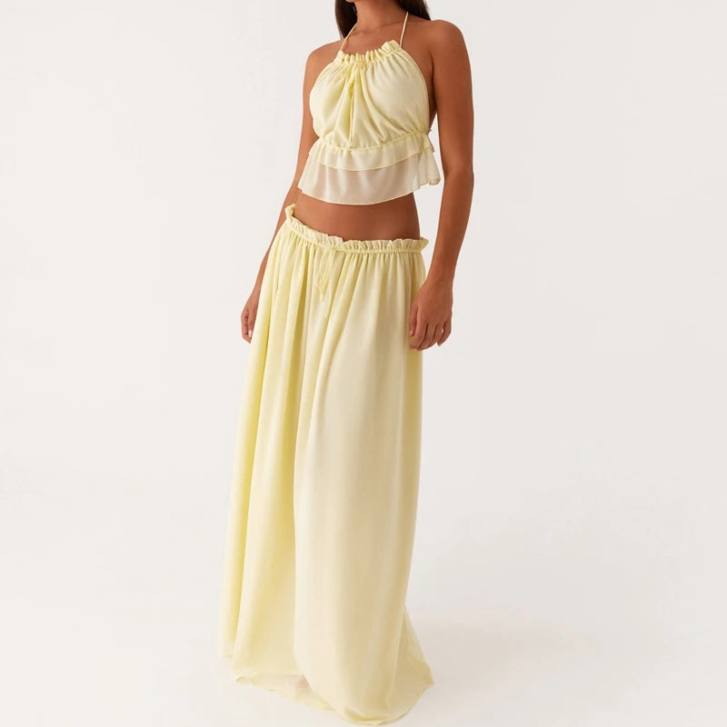 LIZAKOSHT  -  Women 2 Piece Set Summer Outfits Elegant Ladies Sleeveless Tie Front Camis Backless Crop Tops + Long Skirt Beachwear