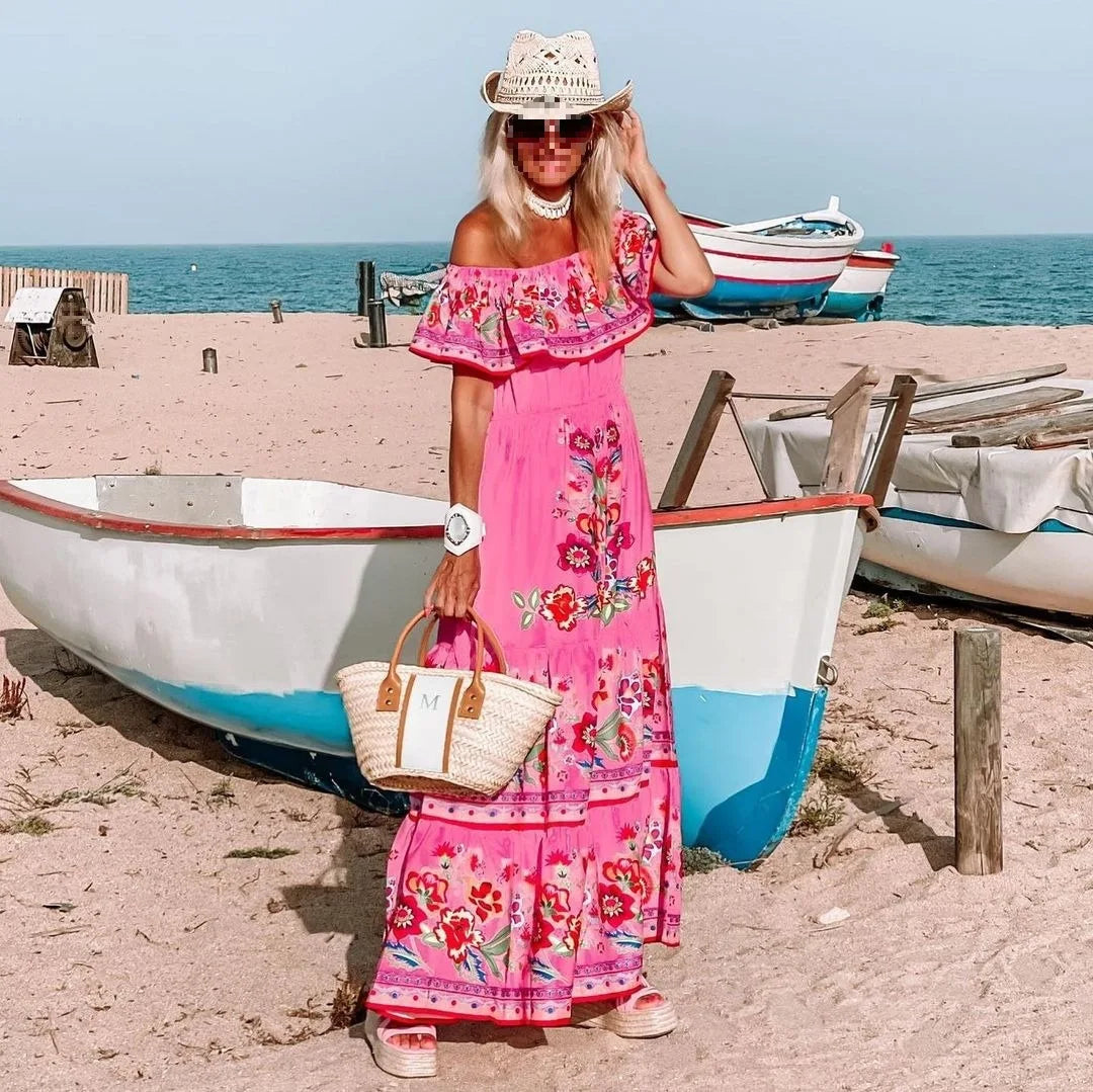 LIZAKOSHT  -  Spring And Summer New Women Clothing Party Dresses Off The Shoulder Fashion Printed Beach Vacation A-Line Long Dresses