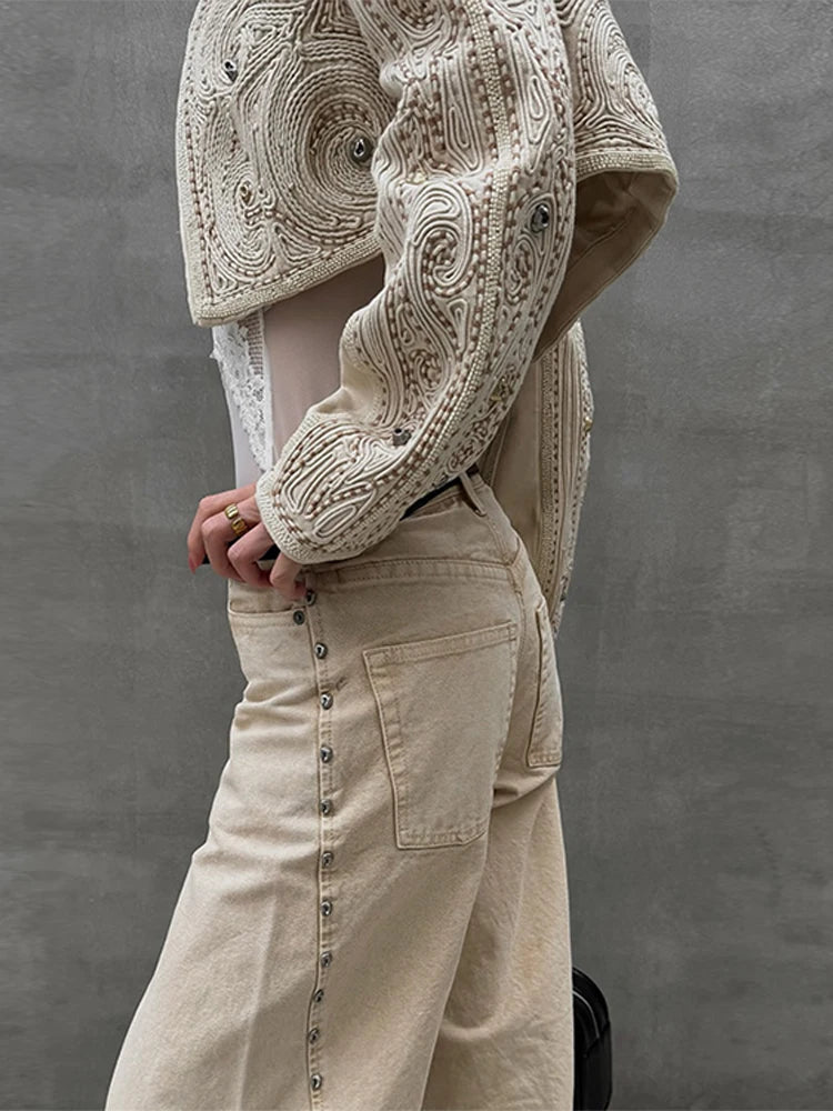 LIZAKOSHT  -  Chic Rivet Long Jeans For Women High Waist Single Button Pocket Wide Leg Pants 2025 Summer Fashion Female Streetwear Trousers