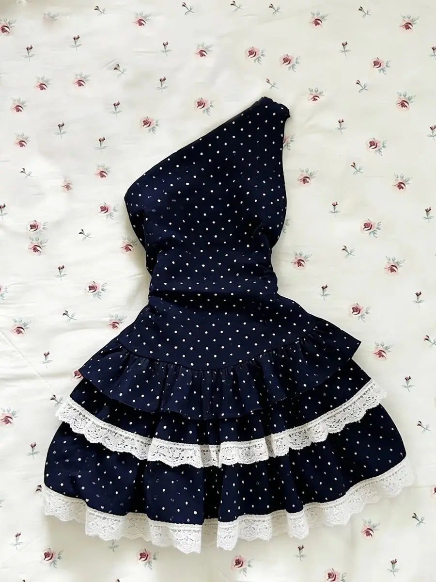 LIZAKOSHT  -  Sexy Polka Dot Dresses Y2k Woman Clothes Punk Lace Slim Short Skirt vintage Off-Shoulder High Street Sweet Basics Elegant Dress