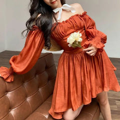 LIZAKOSHT  -  Women Slim Waist Ball Gown Swing Full Sleeve Low Chest Robe Sexy Wood ears Ruched Bra Corset style Off Shoulder Mini Dress