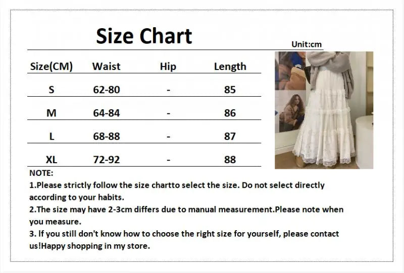 Lizakosht White Lace Long Skirt Women Vintage Fashion Hollow Out Cake Skirts Female Korean Casual Midi Dress Autumn Slim Ruffles Skirt