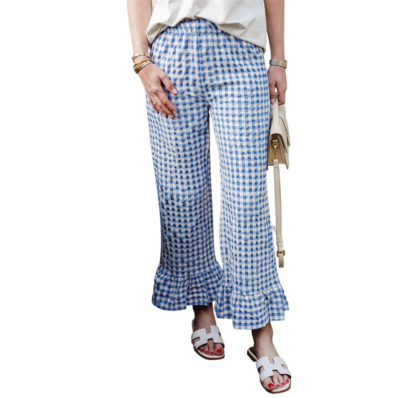 LIZAKOSHT  -  Plaid Print Pants Women y2k Clothes Elastic Waist Wide Leg Loose Ruffle Hem Trousers Summer Clothing 2000s Streetwear
