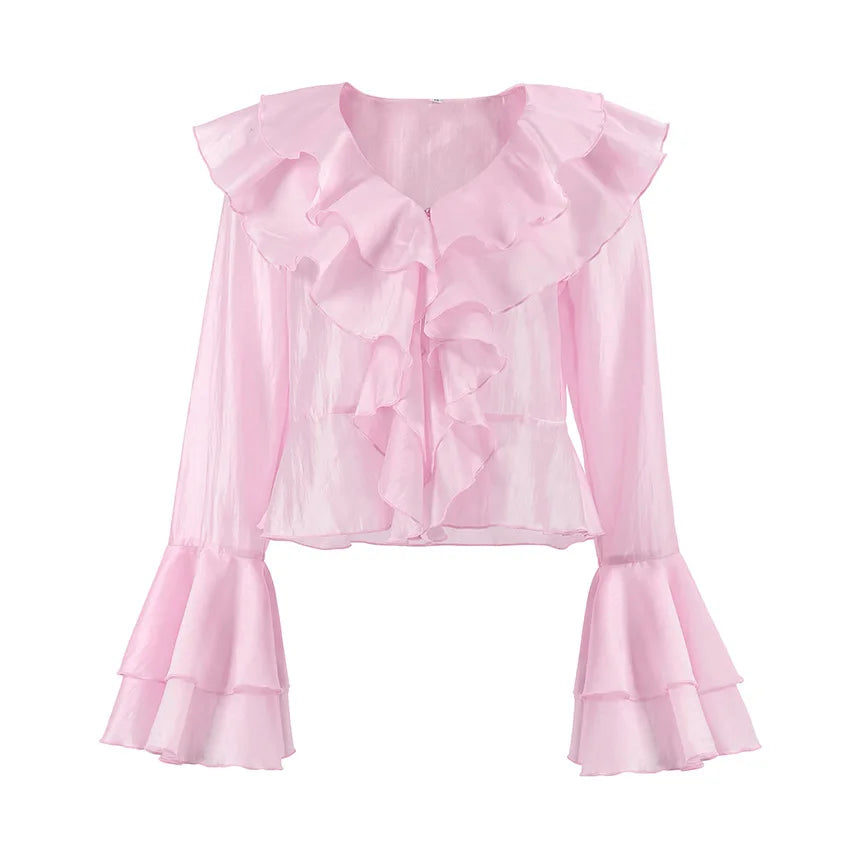 LIZAKOSHT  -  Summer Charm Pink Chiffon Sunscreen Coat Temperament Layered Ruffle V-neck Trumpet Short Women's Shirt