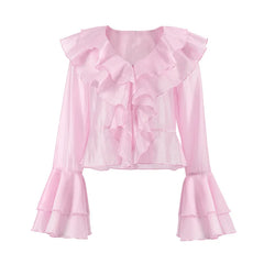 LIZAKOSHT  -  Summer Charm Pink Chiffon Sunscreen Coat Temperament Layered Ruffle V-neck Trumpet Short Women's Shirt