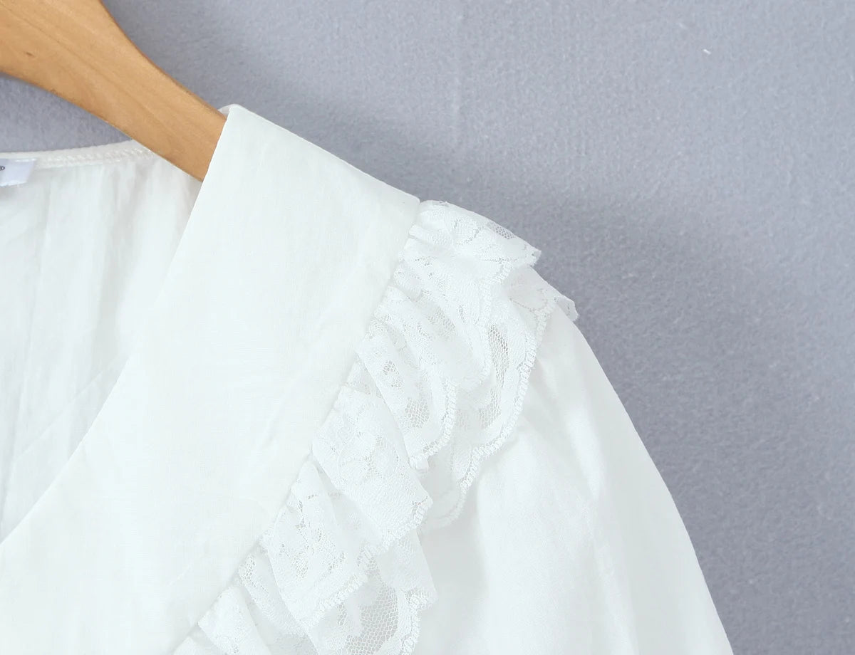 LIZAKOSHT  -  Holiday White Spliced Wood ears Lace Peter Pan Collar Short Puff Sleeve Shirt Women Fold Pleated Front Open Buttons Blouses Tops