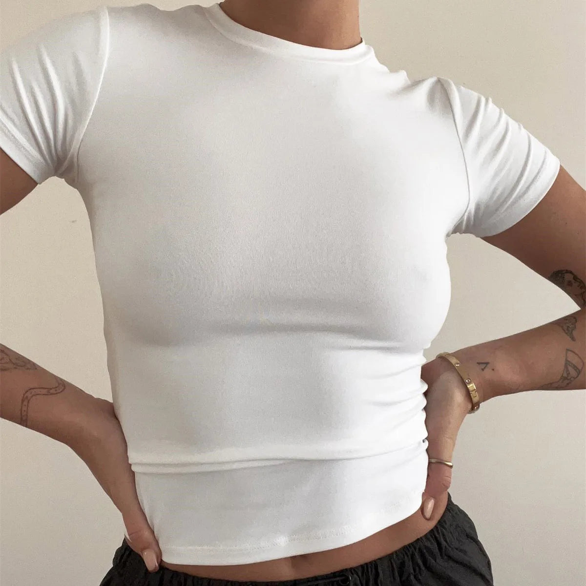 LIZAKOSHT  -  Women Summer Slim High Stretch T Shirts Sexy O-Neck Short Sleeve Tees Summer Tops For Women Clothes