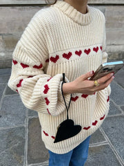 LIZAKOSHT Love Heart Printed Ribbed Knitted Sweater Women Loose Long Sleeve Thick Warm Pullover Autumn Fashion Female Commuter Jumper