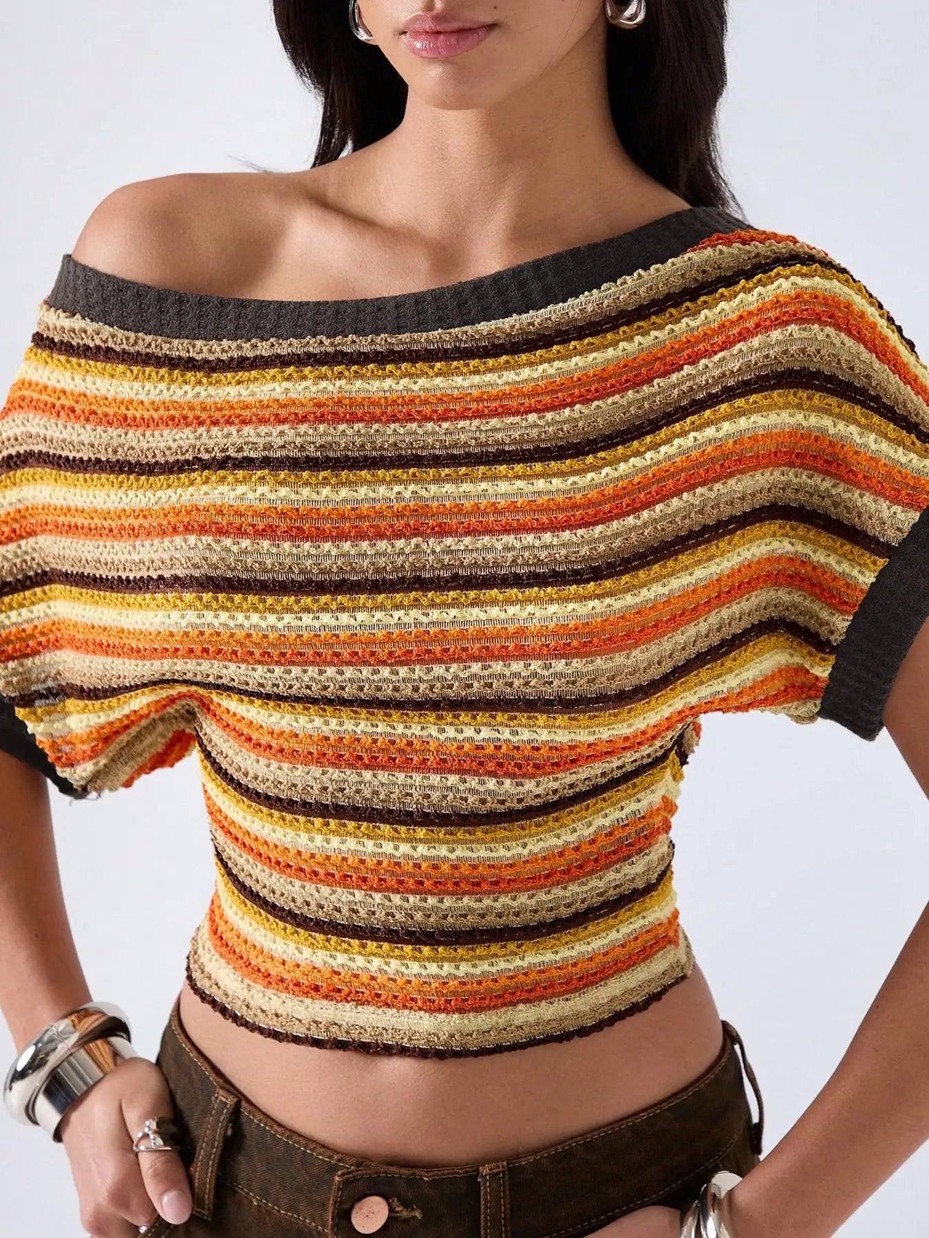 LIZAKOSHT  -  Colorful Bohemian Y2K Spicy Retro Hollow Knitted T-Shirt Asymmetrical Shoulder Line Batswing Sleeve Waist Cinched Top