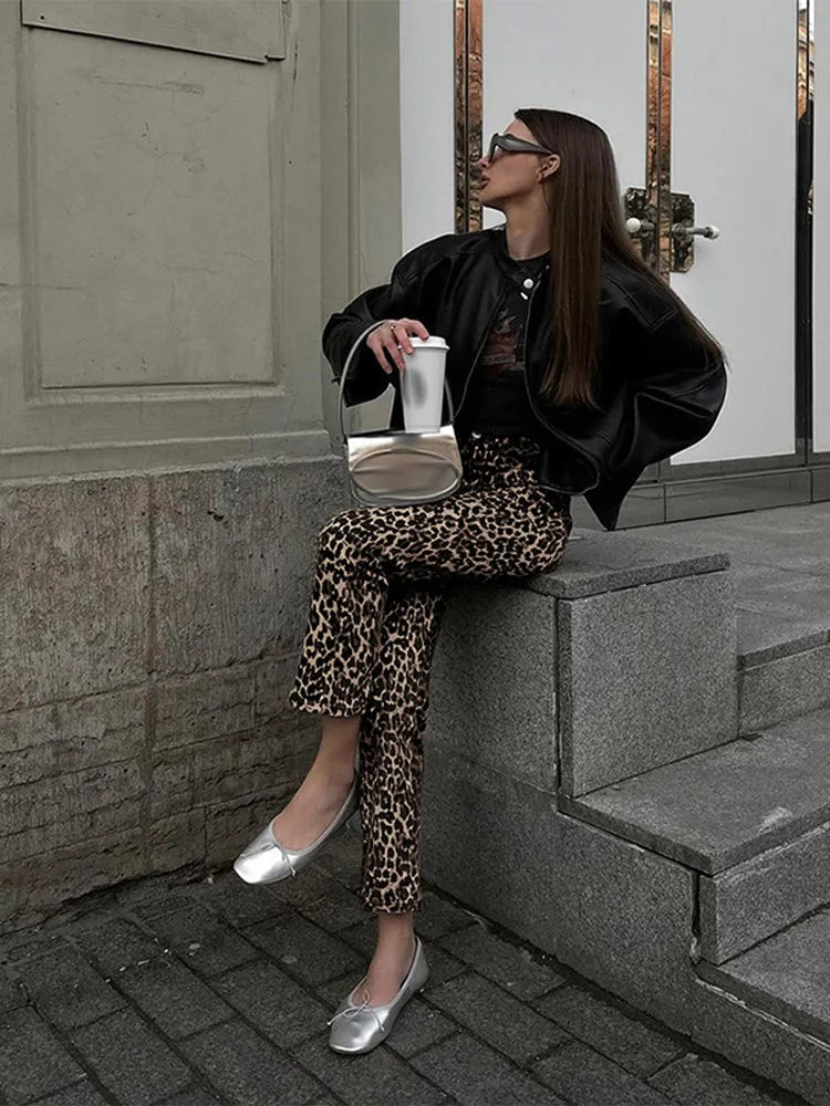 LIZAKOSHT  -  Fashion Leopard Print Long Pants For Women 2024 Spring Slim Single Button Pencil Trousers Female Chic High Waist Ladies Pants