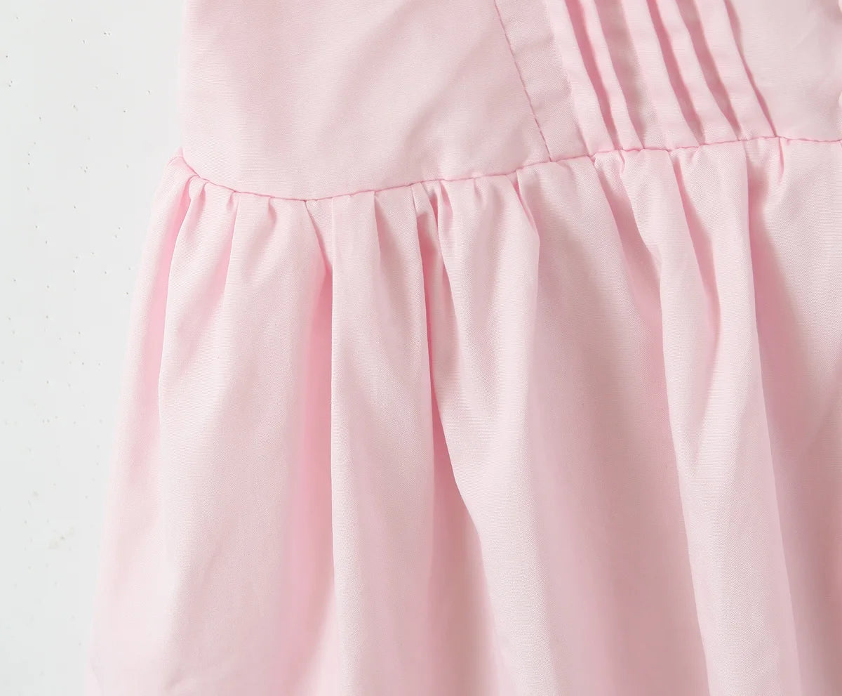 LIZAKOSHT  -  Summer Women Pink Bow Ruched Chest Corset Style Sling Dress Front Buttons Pleated Low Waist Ball Gown Swing Short Dresses Robe