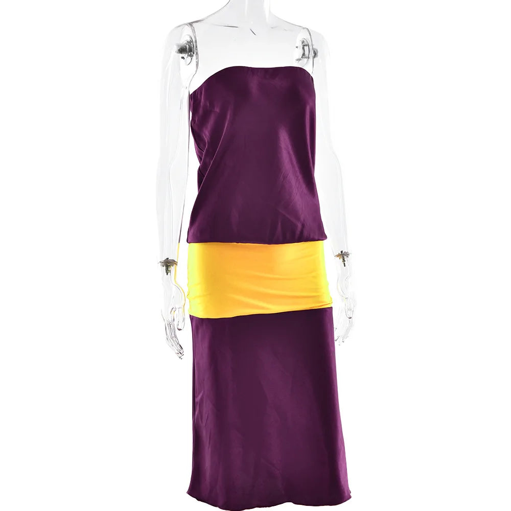 LIZAKOSHT  -  Women Casual Patchwork Strapless Sets Fashion Off-shoulder Sleeveless Slim Top Skirt 2 Pieces New Lady Daily Commute Wear