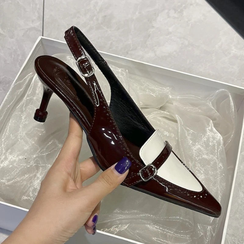 LIZAKOSHT  -  Elegant Kitten Heel Women Sandals Patent Leather Pointed Toe Mules Office Shoes Sexy Slingback Shoes Women Pumps Escarpins Femme