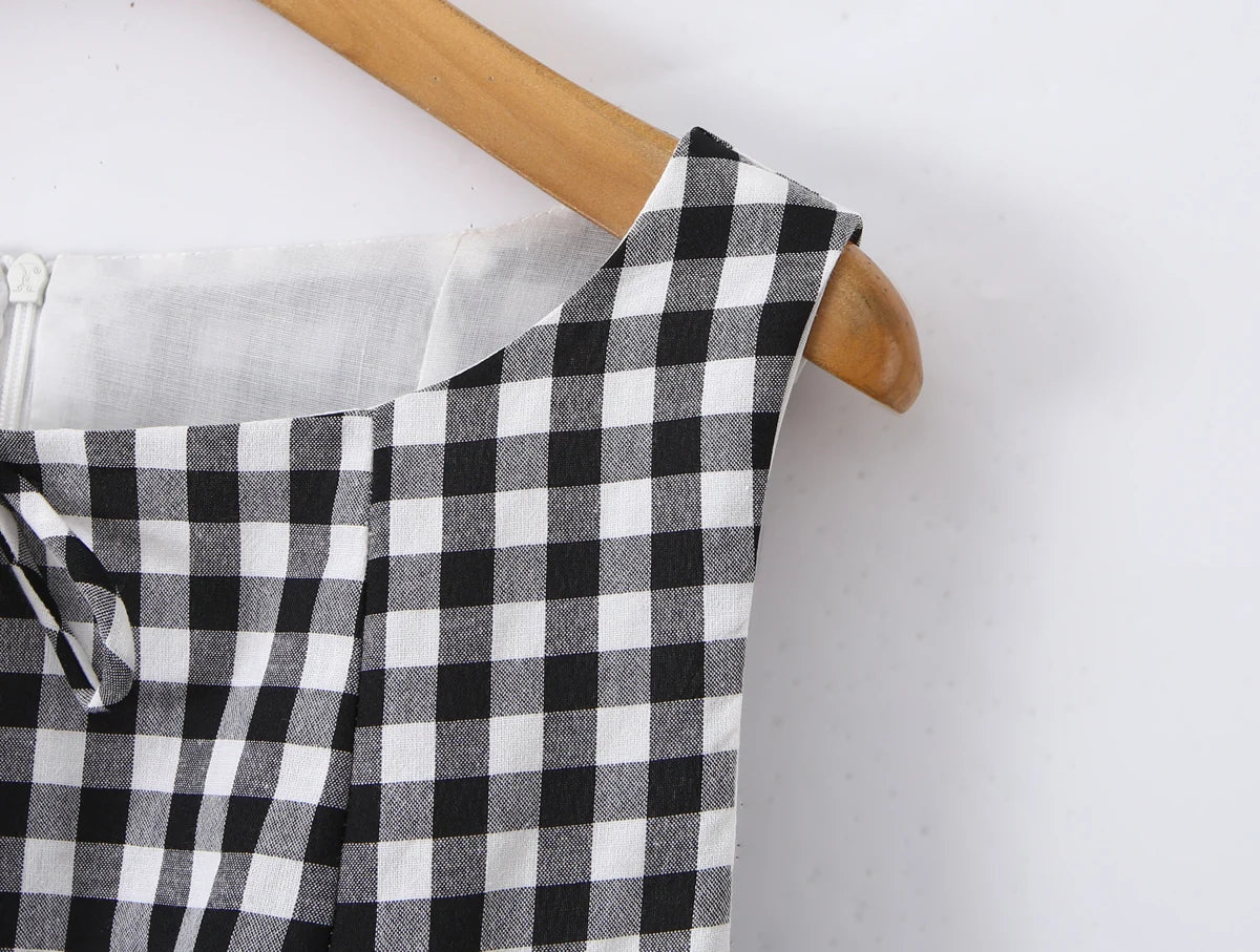 LIZAKOSHT  -  Sexy Red Gingham Plaid Mini Sleeveless Dress Women Bow O Neck Zipper Back Low Waist Ruched Hem Swing Tank Dresses Vestidos Black