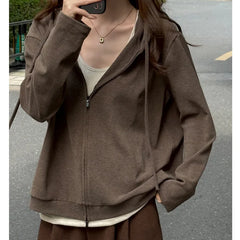 LIZAKOSHT  -  Zip Up Solid Drawstring Hoodie Sweatshirts Double Zip Women Autumn Pockets Oversized Outerwear Sporty Korean Sweatshirts Coat