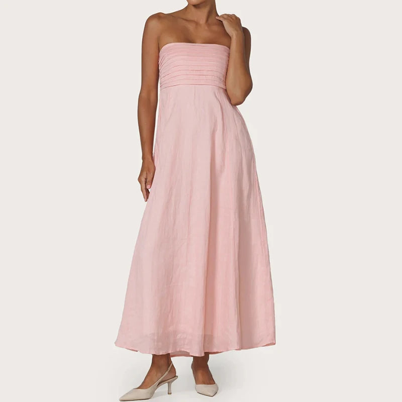 LIZAKOSHT  -  Women Tube Maxi Dress Ruched Strapless Bodice A Line Long Dress Elegant Lady Sleeveless Flowy Summer Sundress