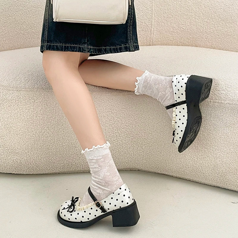 LIZAKOSHT  -  Cute Polka Dot Thick Heel Women Mary Jane Shoes Comfort Shallow Strap Pumps Ladies Eelgant Butterfly-knot Dress Single Shoes