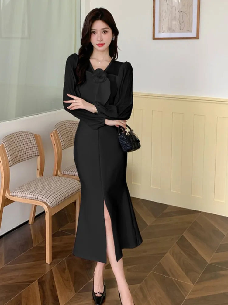 LIZAKOSHT  -  Elegant Princess Solid Mermaid Dress for Women Long Sleeve Floral V-neck High Waist Split Vestidos Vintage French Party Clothing