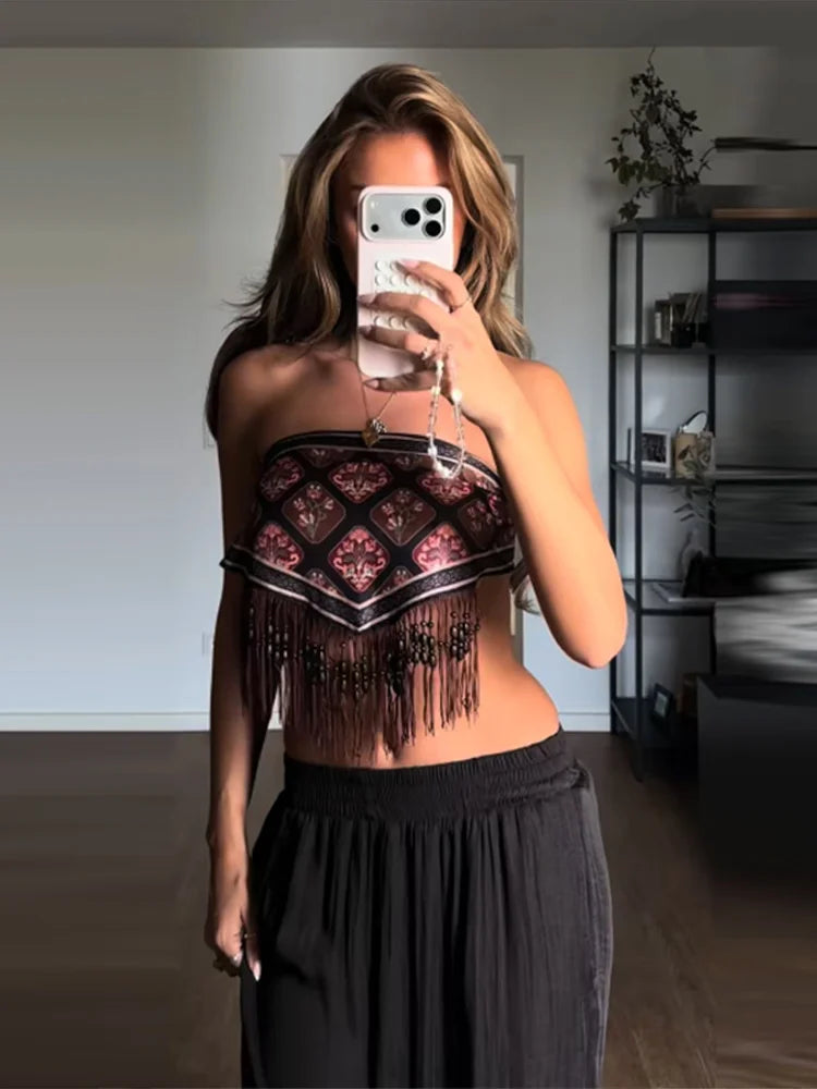 LIZAKOSHT  -  Women Floral Print Strapless Tube Top Long Tassel Asymmetric Triangle Hanky Hem Boho Western Cowgirl Festival Crop Bustier