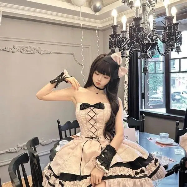 LIZAKOSHT  -  Japan Summer Original Japanese Harajuku Cool Girl Fashion Black Pink Bow Dress Female Temperament Sweet Kawaii Princess Dress