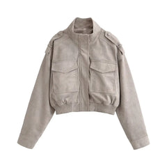LIZAKOSHT  -  Vintage Stand Collar Women's Coat Full Sleeve Pocket Zippers Loose Lady Short Jackets Autumn Winter Female Streetwear