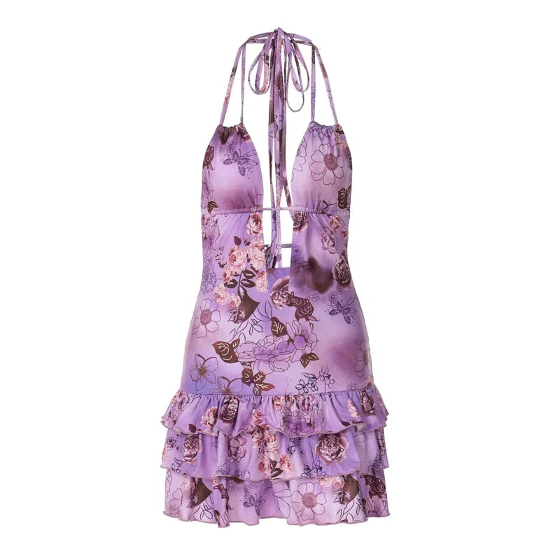 LIZAKOSHT  -  Sexy Women Butterfly Shape Printed Dress Sleeveless Ruffles Lace-up Dress Party Cute Lady Backless Bandage Low-out Cake Dress