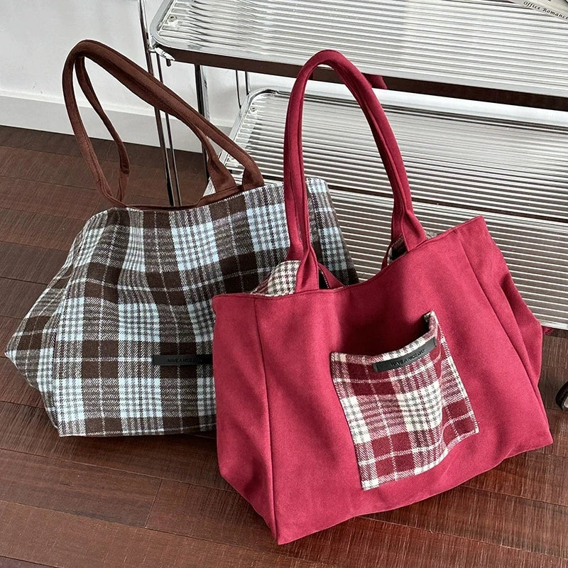 LIZAKOSHT  -  Autumn and Winter Woolen Plaid Shoulder Bag Double Sided Use Handbag Large Capacity Tote Bags For Women
