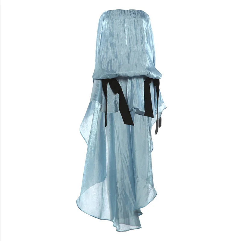 LIZAKOSHT  -  Tulle Bow Asymmetrical Hem Sheer Mesh Co-Ord Summer Date Gallery Banquet Lady Women Dreamy Gothic Soft Matching Vestido