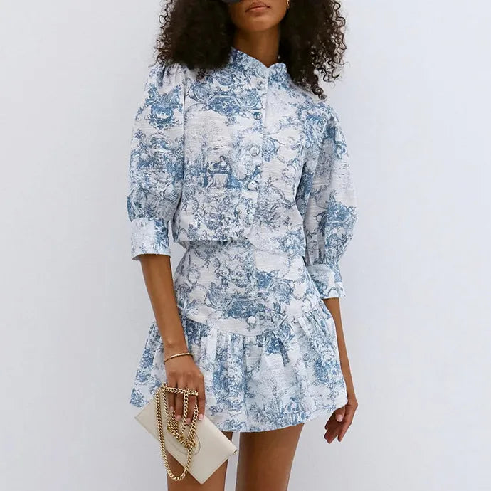 LIZAKOSHT  -  Chic Summer Women Stand Collar Flowers Printed Shirt Short Sleeved Floral Blouses Slim Fit Tops + A-Line Pleated Skirt 2Pcs Set