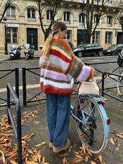 Lizakosht Colorful Stripe Contrast Knit Cardigan Women Chic Lantern Sleeves Loose Warm Sweater Tops 2024 New Spring Female High Streetwear