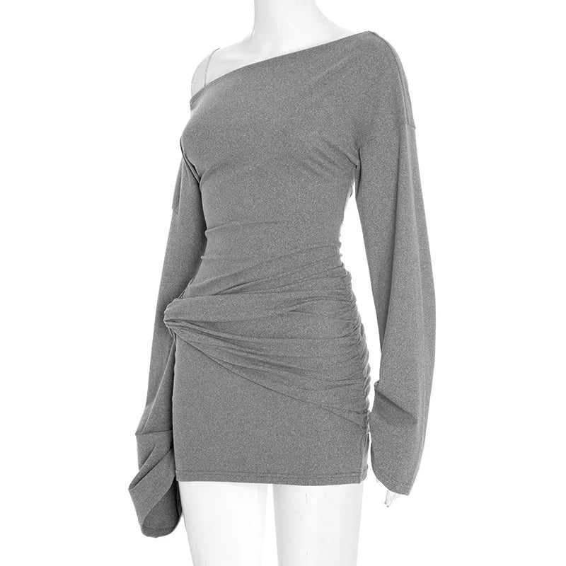 LIZAKOSHT  -  Women's Autumn Obliques Shoulder Long-sleeved Ruched Bodycon Solid Casual Women Mini Dresses Elegant Party Vestidos 2026