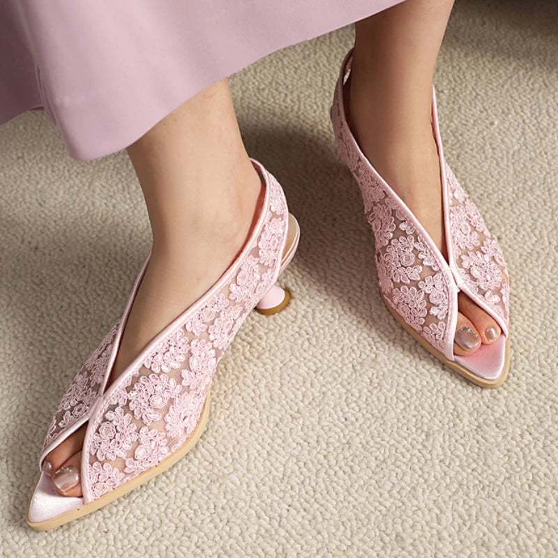 LIZAKOSHT  -  Breathable Summer Shoes Sandals Fashion Lace Blue Pink White Party Shoes Footwear Large Size Peep toe Low Heels Women's Sandals