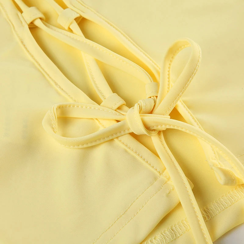 LIZAKOSHT  -  Yellow Layered Ruffles Skirt Set Women's Sexy Slim Fit Floral Edge Backless Halter Top Set 2025 Summer Vacation Street Outfit
