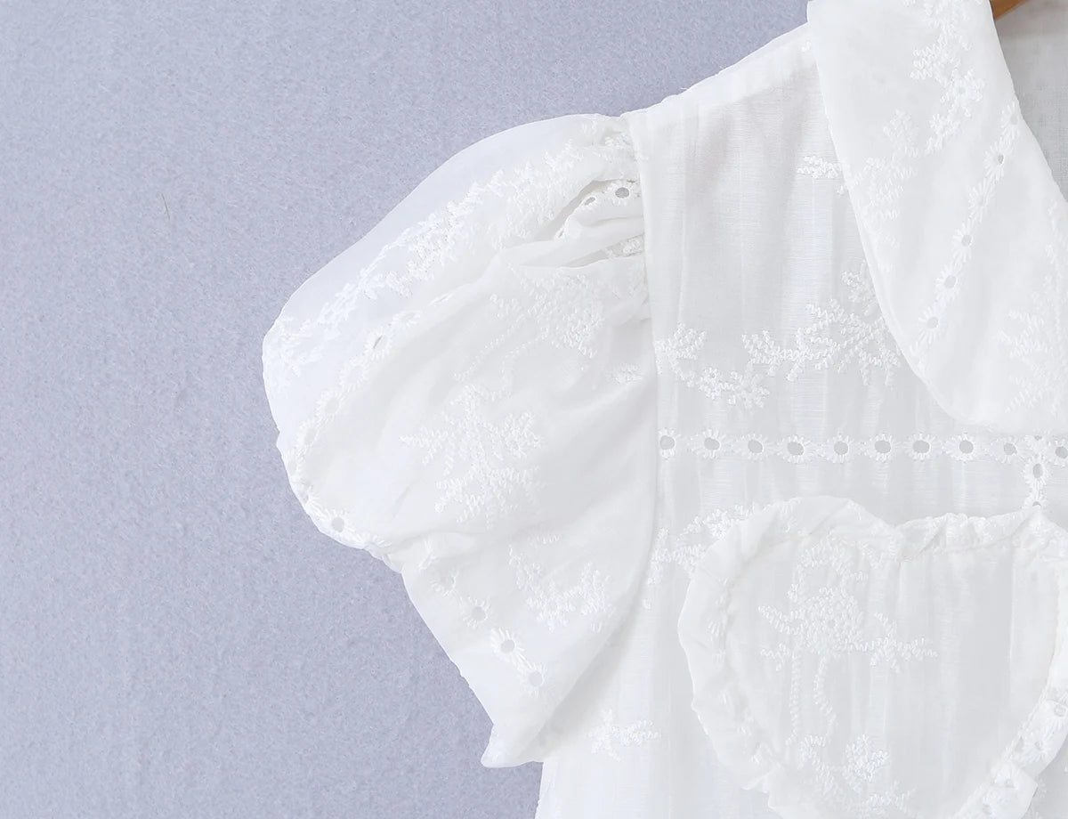 LIZAKOSHT  -  Sweet White Embroidery Hollow out Flower Lace Short Puff Sleeve Shirt Women Peter Pan Collar Lacing Up Tie Bow Front Crop Tops