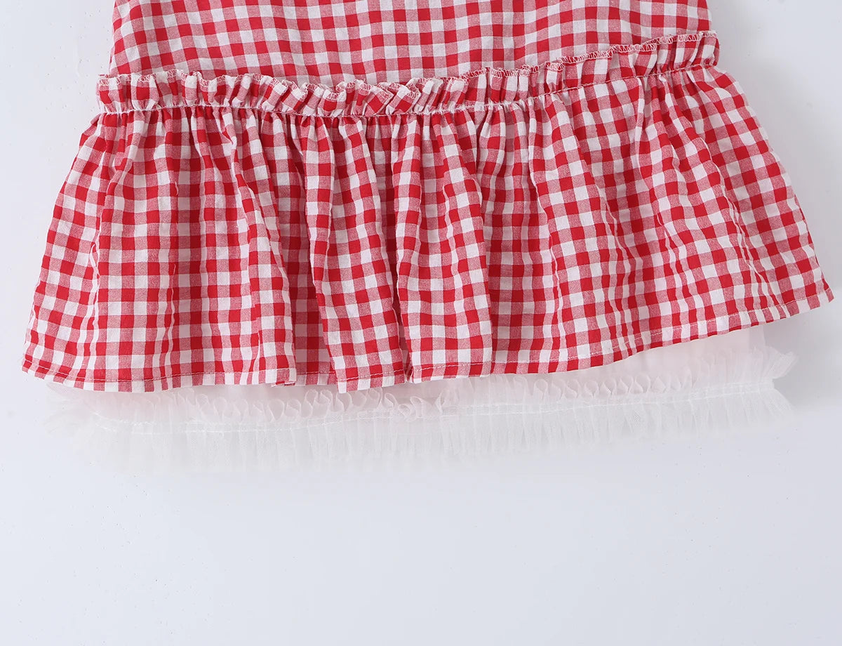 LIZAKOSHT  -  Sexy Red Plaid Spliced Lace Bow Ruched Chest Tank Top + High Waist Wood ears Mesh Lining Swing Cake Mini Skirt Suits 2pcs 1 Set