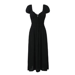 LIZAKOSHT  -  Summer Women Sexy Backless Long Dress Vintage Puff Sleeve Elastic Waist Female Holiday Party Robe Black White