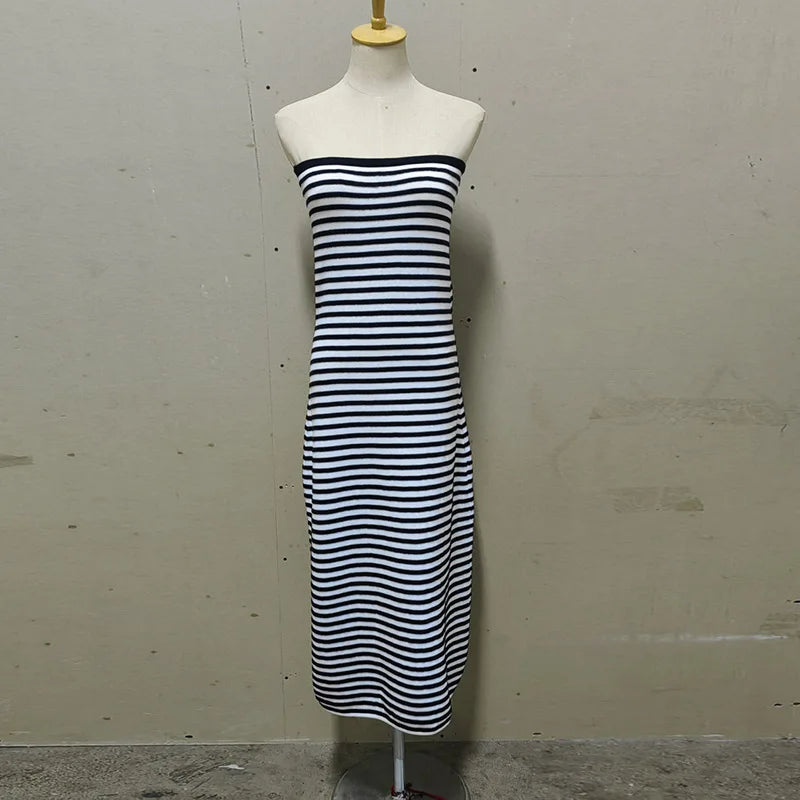 LIZAKOSHT  -  Casual Knitted Striped Tube Long Dresses Women Retro Sexy Strapless Loose Party Dress Female New Summer Fashion Versatile Robes