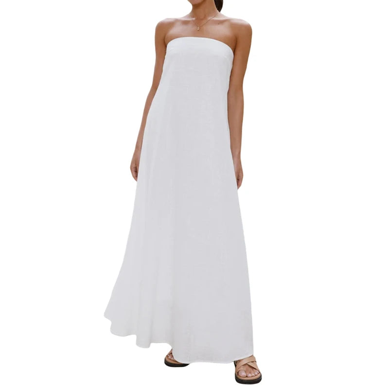 LIZAKOSHT  -  Women Graphic Strapless Long Tube Dress Vintage Off Shoulder Backless Maxi Dress Flowy Summer Holiday Beach A-line Dress
