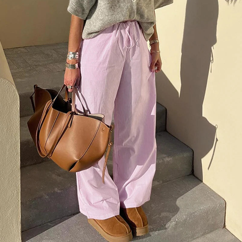 LIZAKOSHT  -  Streetwear Striped Print Loose Trousers Lace-up Joggers Fashion Y2K Baggy Pants Basic Aesthetic 90s Cute Bottoms